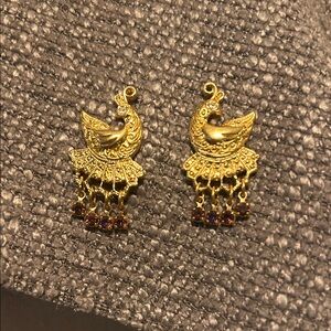 Vintage 1994 Avon Gold Tone Peacock Earrings With Purple and Clear Rhinestones